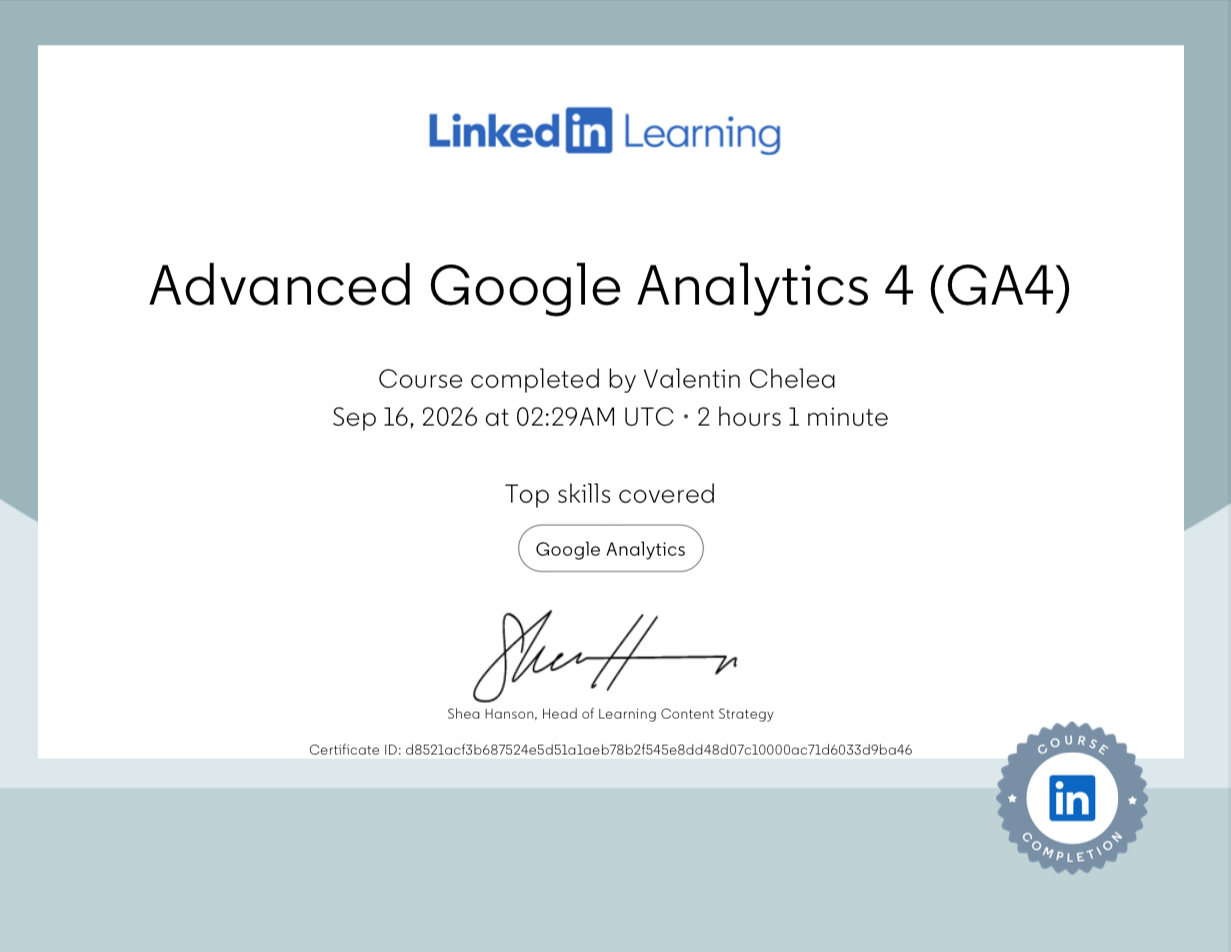 LinkedIn Learning Advanced Google Analytics 4 course completion certificate, completed September 16, 2026