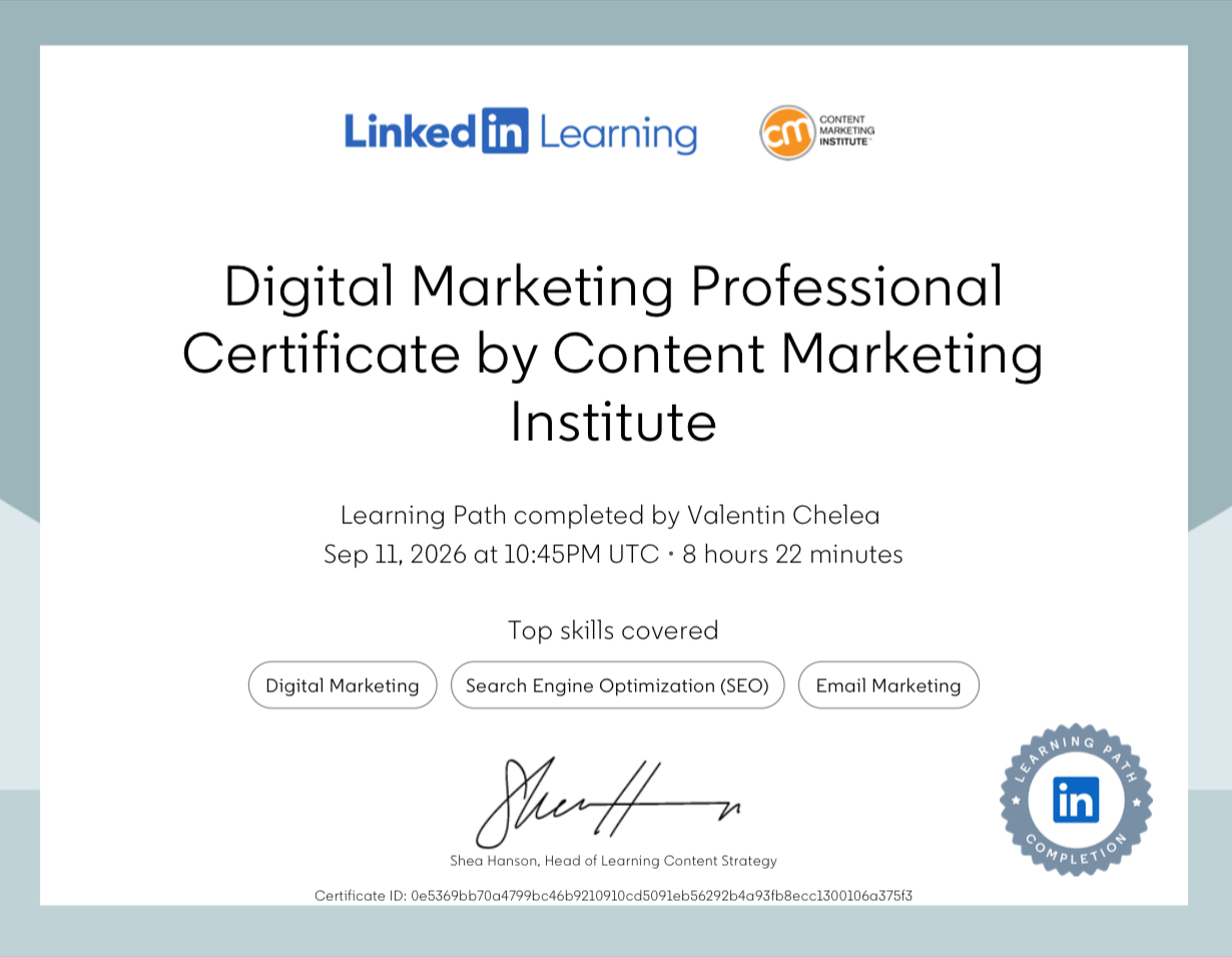 LinkedIn Learning Digital Marketing Professional Certificate by Content Marketing Institute, completed September 11, 2026